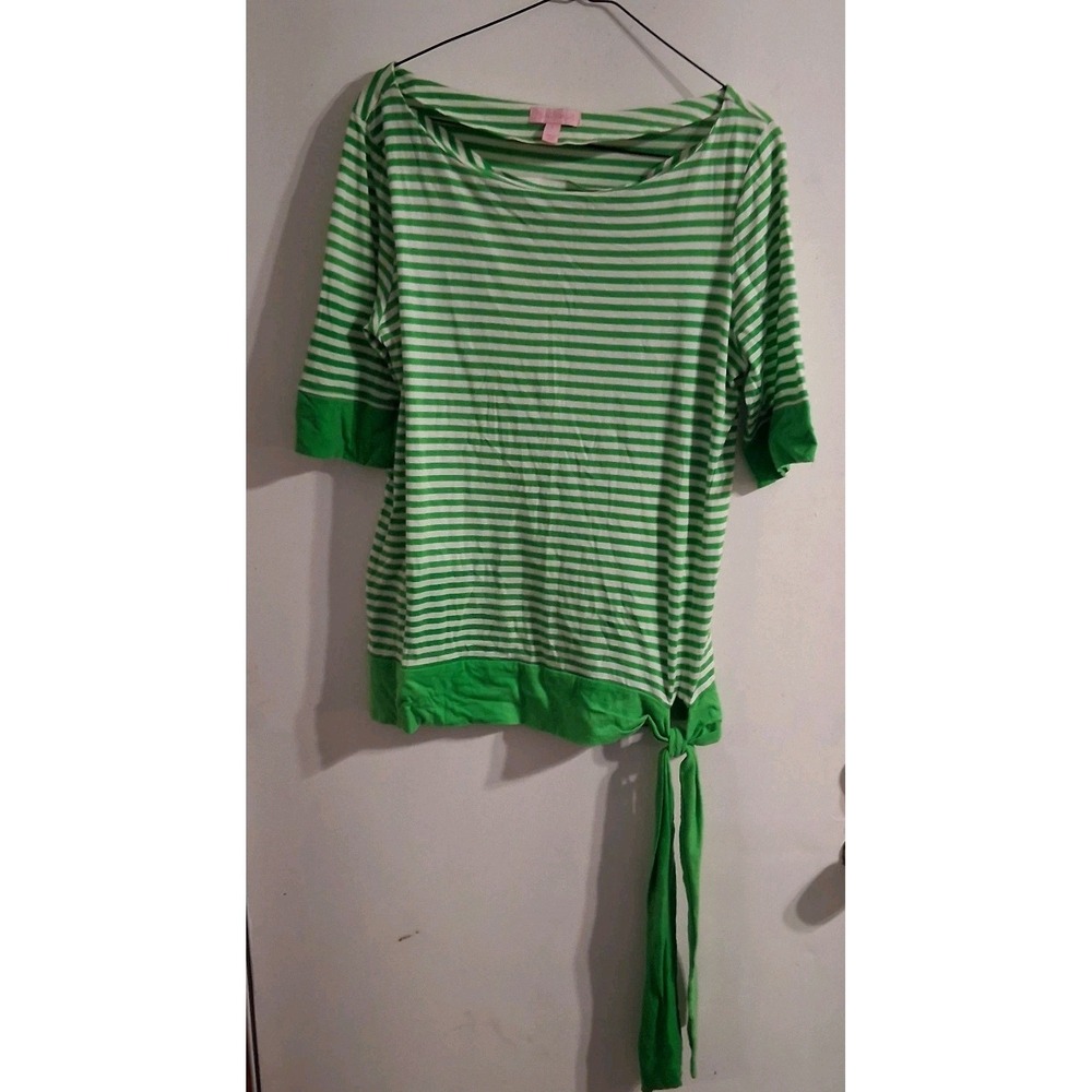 Lilly Pulitzer Striped Summer Top Lime Green White L EUC Side Tie Beachy - Picture 2 of 4